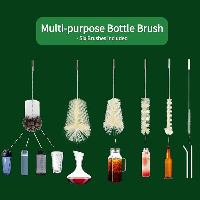 Electric Bottle Brush Cleaner, Fully Waterproof 11.8" Deep Reach Bottle Brush with 6 Brush Heads & Storage Stand, Rechargeable Bottle Cleaner for Water Bottles, Wine Decanters, Glass Pitcher & Straws