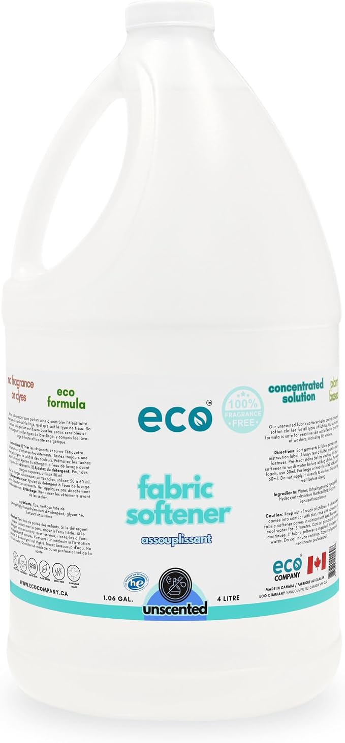 Eco Fabric Softener, Unscented, 1 Gallon, Reduces Static, Plant-Based & Biodegradable Formula, HE Washer Compatible, Fragrance Free, Gentle for Sensitive Skin, Sustainable & Eco-Friendly Laundry Care
