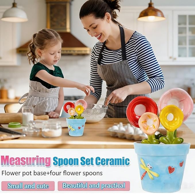 Ceramic Measuring Spoons, 2027 New Flower Measuring Spoons Set In Pot, with Base Decorative Flower Pot and Cup Set for Home and Kitchen (Blue base)
