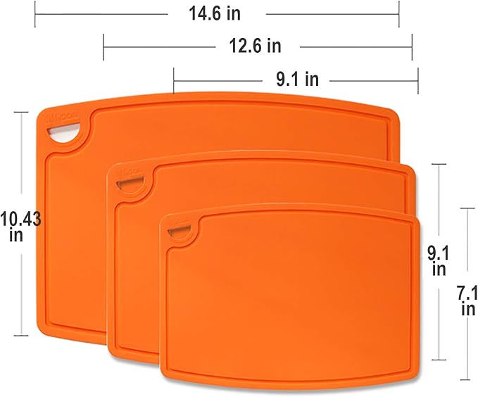 Silicone Thick Cutting Boards Mats Set of 3pcs Foldable & Flexible Design Juice Grooves Easy Grip Handle Dishwasher Safe for Kitchen,BPA free Chif-Orange