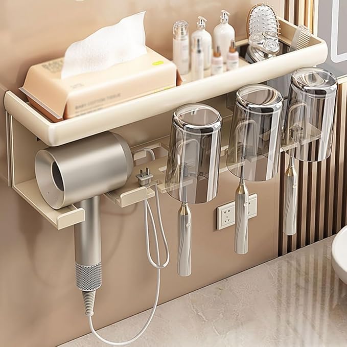 Toothbrush Rack Creamy White Toothbrush Holder Wall-Mounted Toothpaste Storage Box Punch-Free Bathroom Decoration Can Hold Hair Dryer Bathroom Toothbrush Holder(L36.3cm)