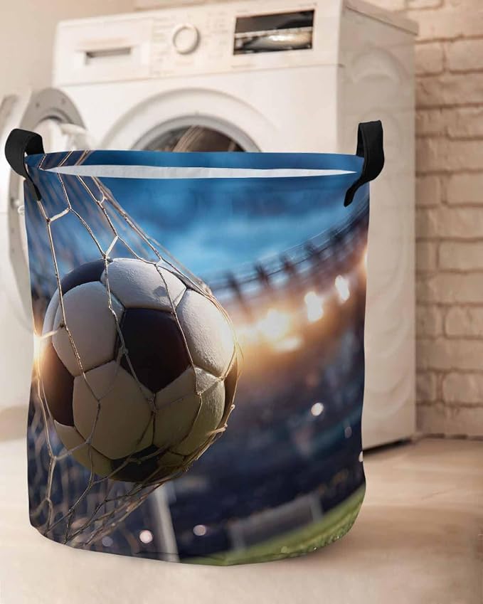 Collapsible Laundry Basket 42L, Football Sports Storage Bin Laundry Hamper with Handles, Football Field Goal Net Soccer Waterproof Clothes Baskets for Bathroom/Bedroom 13.8 x 17 In