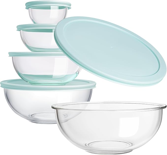 Luvan Glass Mixing Bowl with Lids Set of 5(0.2QT, 0.5QT, 1.1QT, 2.1QT, 3.75 QT), Space-Saving Nesting Bowls Anti-slip Salad Bowls for Storage, Cooking, Microwave,Freezer,Oven and Dishwasher Safe