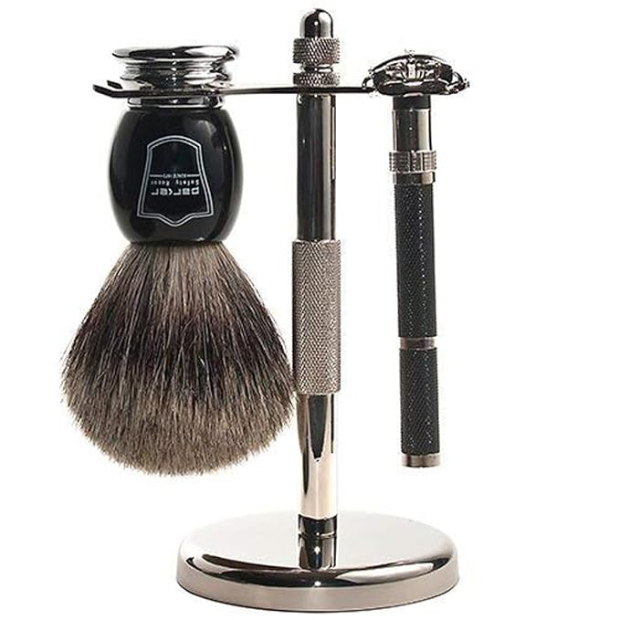 Parker Safety Razor 96R Men's Classic Bronze Butterfly Open Safety Razor Shave Set - Includes 3-Band Pure Badger Shave Brush, Chrome Stand & 5 Premium Double Edge Blades