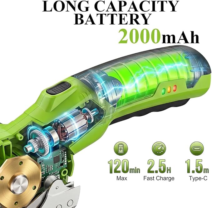 Cordless Electric Scissors, 60W Power Box Cutter for Cardboard, 2000mAh Battery Cutting Tool with 2 Blades, Ergonomic Fabric & Carpet Scissors for Crafts, Recycling & Home Projects