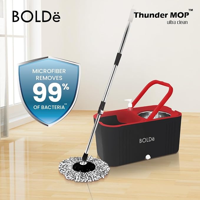 Thunder MOP Spin System - Ultra Clean - Single Bucket Microfiber Head, Stainless Steel Wringer, Antifungal Quick-Dry Cleaning, Soap Dispenser, 3 Free Refills (Black/White)