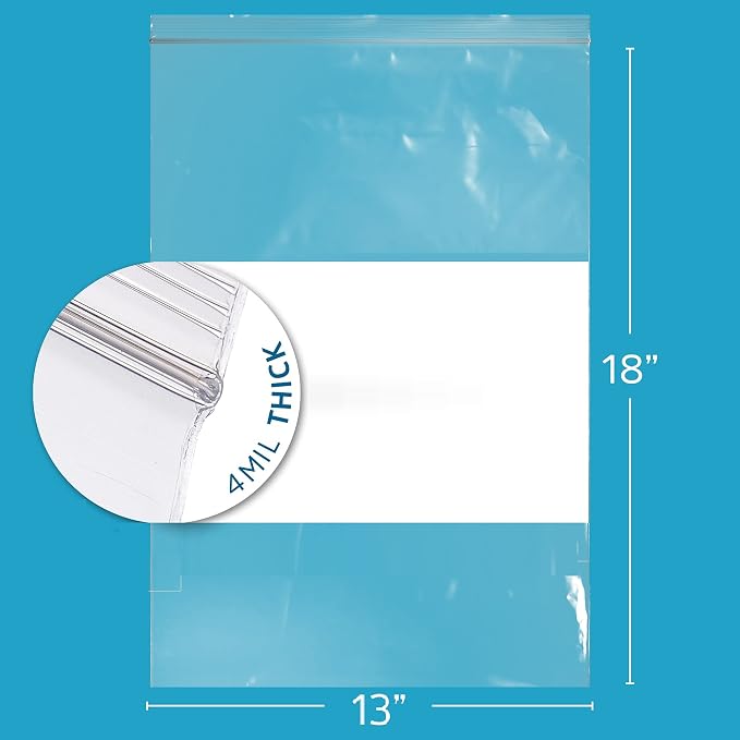 GPI - 13" x 18" - Bulk Pack of 100, 4 Mil Thick, Heavy Duty, Clear Plastic Reclosable Freezer Zip Bags, With White Block for Labeling, Strong & Durable Poly Baggies With Resealable Zipper Top Lock.