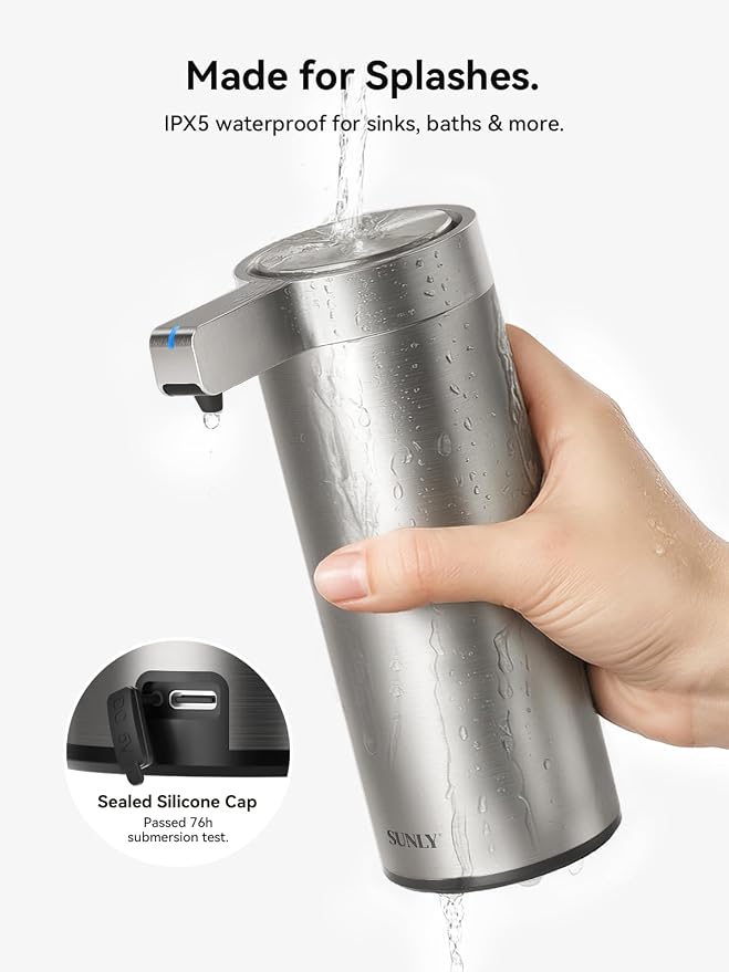SUNLY Automatic Foaming Soap Dispenser Touchless – Clog-Free Pump, 0.2s Fast Sensor, USB-C Rechargeable, Smudge-Resistant Stainless Steel, for Kitchen & Bathroom Soap Dispenser