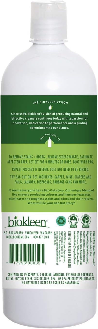 Biokleen Bac-Out Stain+Odor Remover, Destroys Stains & Odors Safely, for Pet Urine, Laundry, Diapers, Wine, Carpets, & More, Eco-Friendly, Non-Toxic, Plant-Based, 32 fl oz (Pack of 12)