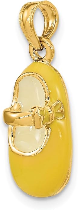 14k Yellow Gold Enamel Shoe Charm, 3D Keepsake Pendant | 16 x 8 mm shoe, 22 mm with bail, yellow and white enamel, polished solid 3D design, 2.66 g