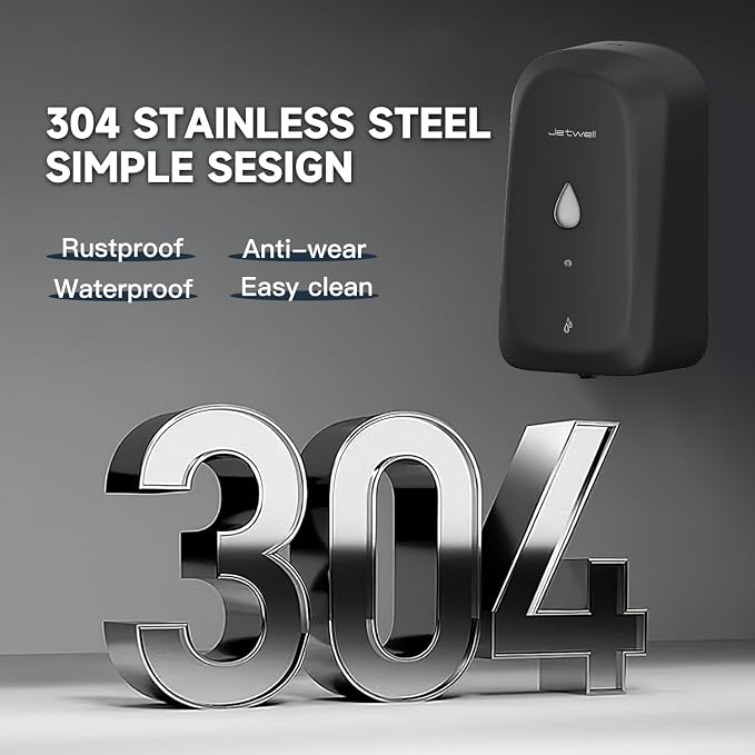 JETWELL Touchless Wall Mount Stainless Steel Soap Dispenser 34OZ/1000ML | Black Matte Cover, Large Capacity, Battery Powered, Liquid Soap, Commercial & Home Use