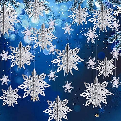 Snowflake Decorations, Paper Christmas Hanging Decor Indoor, Silver, 14-Pc
