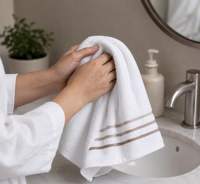 Bath Towels Set for Bathroom – Luxury 6-Piece Cotton Towels, Soft Absorbent & Quick Dry, 600 GSM Bath Towels for Bathroom, Hotel Spa Quality (White/Taupe, 4-Hand Towel Set)