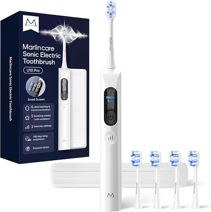 Electric Toothbrush, Sonic Toothbrush for Adults Teens with Pressure Sensor, AI Zone Cleaning Tracking, 5 Modes & 3 Intensities, 180 Days Battery Life, 4 Brush Heads with Travel Case, White