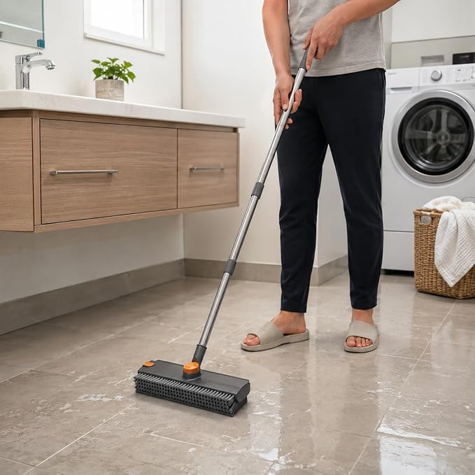 Floor Scrub Brush with Long Handle, V-Shaped Grout Brush and Squeegee for Tile, Bathroom, Shower, Gray (Floor Brush)