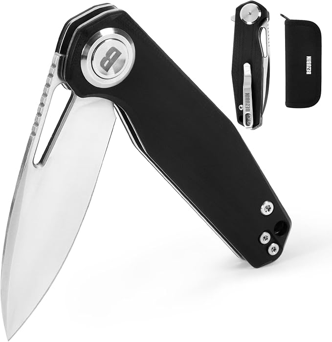Pocket Folding Knife,3.15" D2 Steel Blade,Black G10 Handle,Push Button Lever Lock,Pocket Knife with Pocket Clip for Outdoor,Survival,EDC