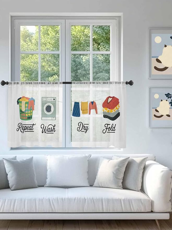 Laundry Voile Sheer Curtain 45 Inch, Rod Pocket White Sheer Window Curtain Panels, Laundry Room Short Semi-Sheer Tulle Drape Chiffon Fabric for Laundry Room Bedroom Living Room, Wash Dry Fold Repeat