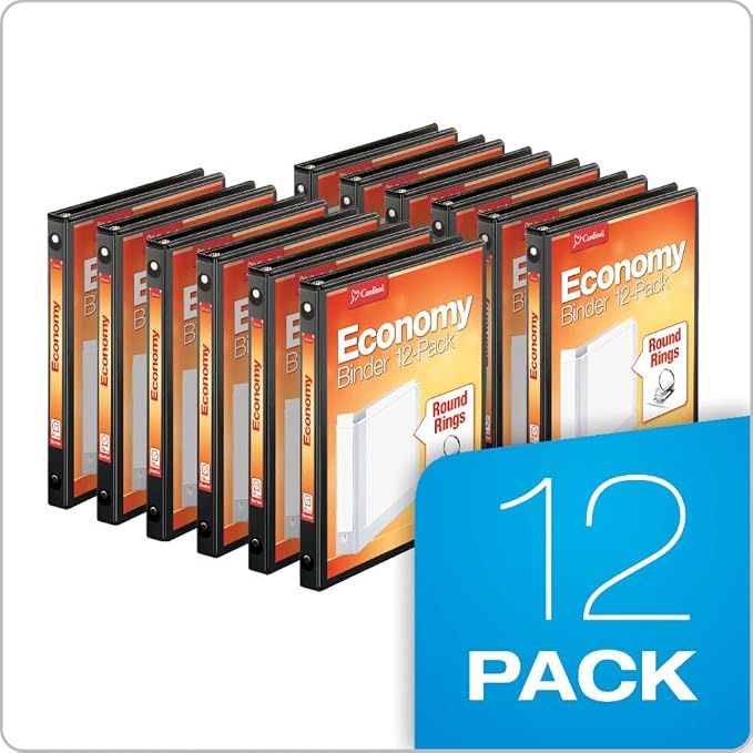 Cardinal Economy 3 Ring Binders, Binders for School and Office, Durable 1/2 inch Round Rings, Holds 125 Sheets, ClearVue Presentation View, Non-Stick, Black, Carton of 12 (90602)