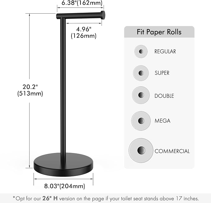 KES Bathroom Toilet Paper Holder Stand Modern Tissue Roll Holder SUS304 Stainless Steel Rustproof Freestanding 20.2" H, Matte Black BPH283S1-BK