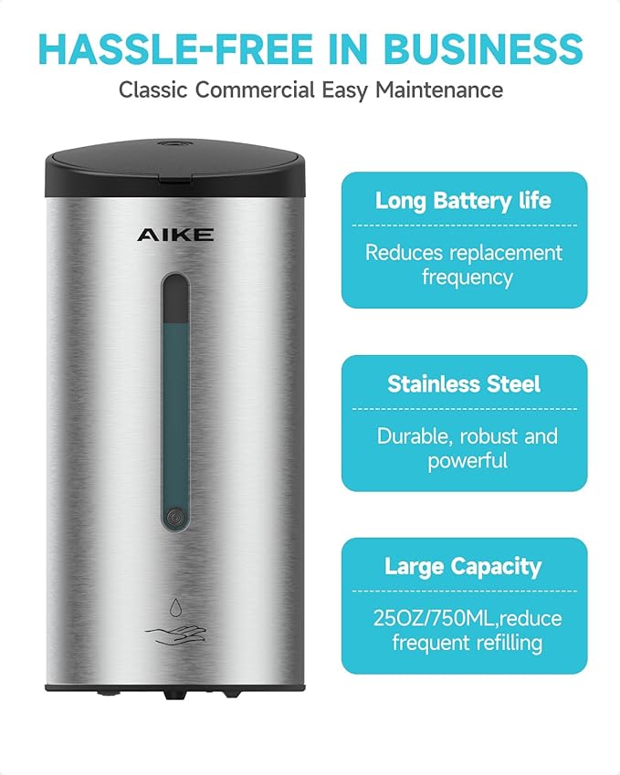 AIKE Automatic Liquid Soap Dispenser,25oz Capacity for Bathroom,Brushed | No-Drill and Screw Wall Mount Install Design for Space-Saving,4*AA batteries(Not Included) Ensure Long Standby,Model AK1205E