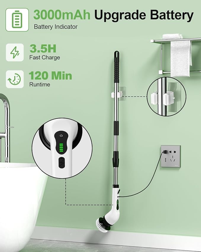 Electric Spin Scrubber, PX7 Waterproof for Floor Tub Tile Car, O-White.