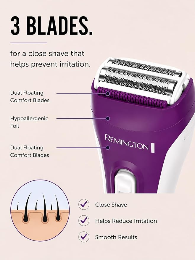 Remington Smooth & Silky Electric Shaver for Women, 3-Blade Wet & Dry Razor | Battery Operated for Cordless Use, Includes Bikini Trimmer Attachment, 100% Waterproof Design, Flexible Hypoallergenic Foils