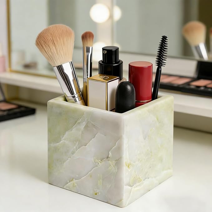 Natural Marble Makeup Brush Holder for Vanity, Toothbrush Holder for Bathroom, Luxurious Countertop Organizer, Green Bathroom Accessories Square