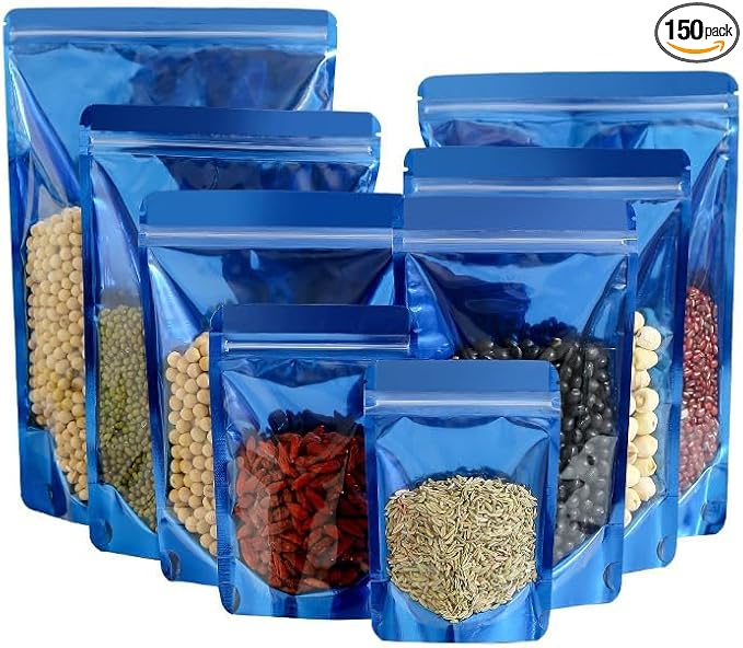 150 Pcs Mylar Bags for Food Storage, 5x8 Mylar Bag with Window Stand Up, Small Holographic Resealable Bags Smell Proof Bag Food Packaging for Small Business Freeze Dried Candy Jewelry Foil Packaging