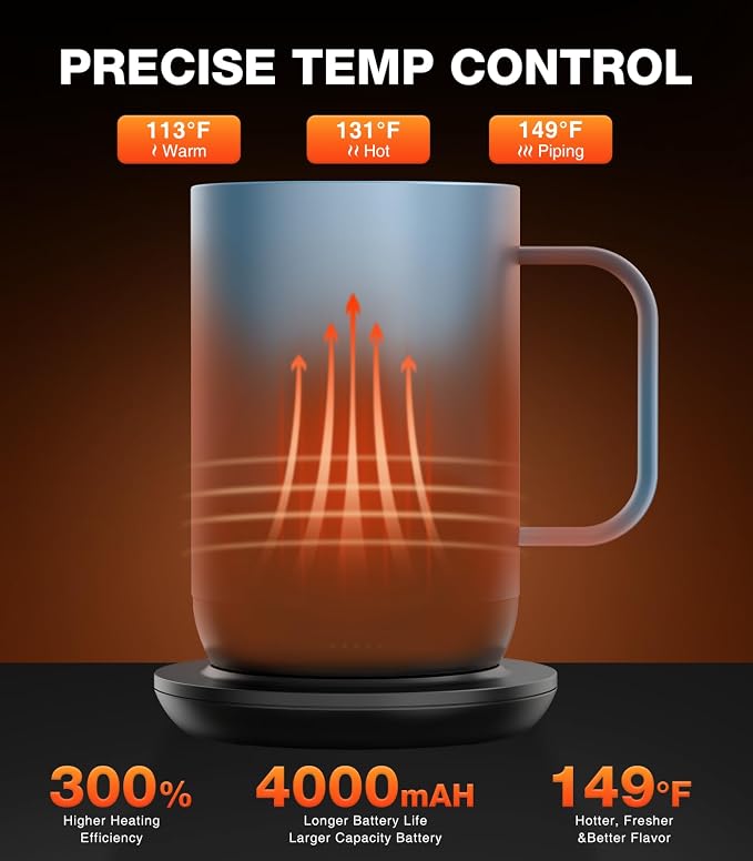 Kepwam Self-Heating Coffee Mug T1-16oz, Fast Heating Rechargeable Heated Coffee Mug, Smart Mug with App & Button Control, Ideal Gift for Coffee Lovers & Hot Drink Enthusiasts