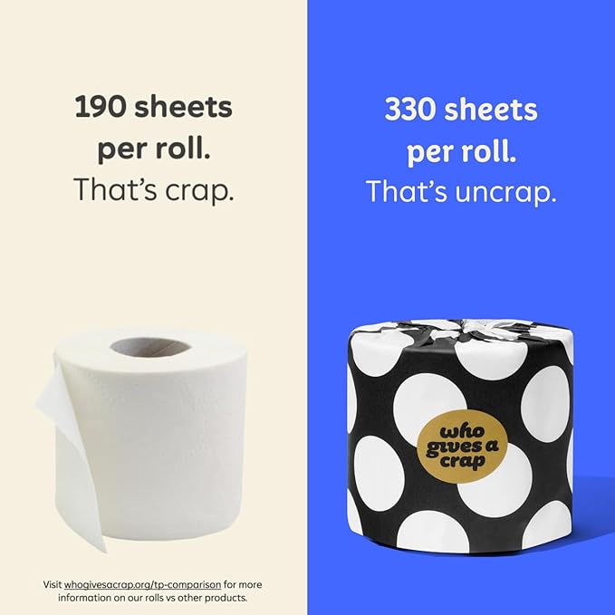 Who Gives A Crap 100% Bamboo Toilet Paper, 24 Rolls, 3 Ply, 330 Sheets, Long, Strong & Soft Toilet Tissue, Renewable, Tree Free Bathroom Tissue Made with Bamboo Fibers
