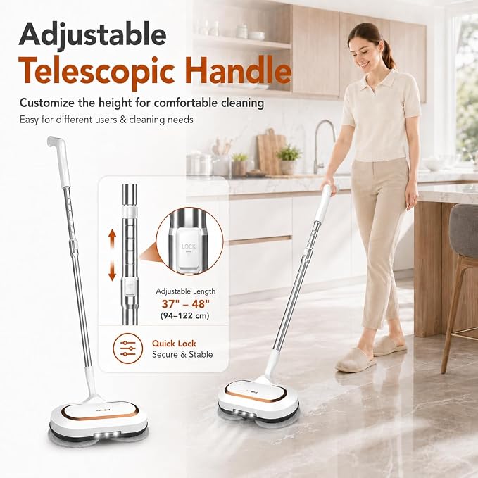 AlfaBot Cordless Electric Mop, Dual Spin Power Floor Cleaner with LED Headlight and Water Spray, 60-Min Runtime Self-Propelled Mop with Adjustable Tube for Hardwood, Tile, Marble and Vinyl Floors