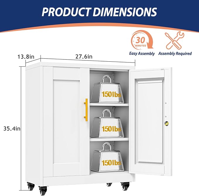 PAOFIN Metal Storage Cabinet-35” Tall Steel File Cabinets with Lockable Doors and Adjustable Shelves, Steel Tool Cabinet with Wheel for Home, School, Office, Garage White