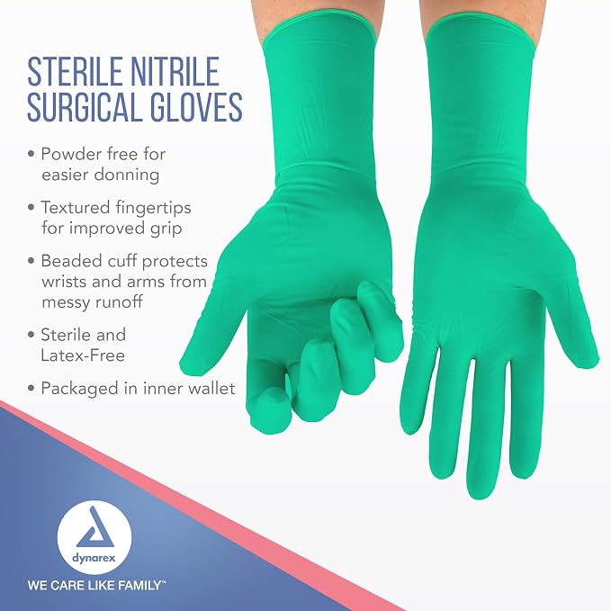 Dynarex Sterile Disposable Nitrile Surgical Gloves, Powder-Free, Packaged in Pairs, Professional Medical and Healthcare Use, Size 8.5, 1 Box of 50 Pairs