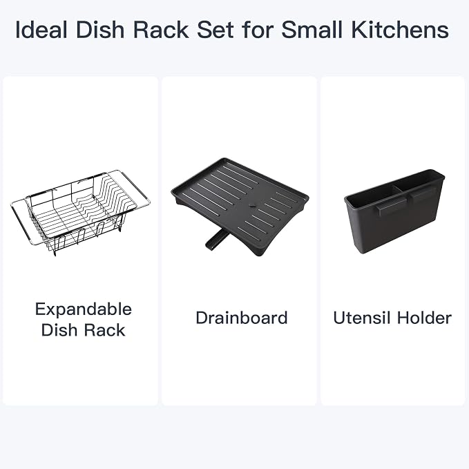 Dish Drying Rack Over The Sink with Utensil Holder, Drainboard | Expandable Stainless Steel Dish Drainer for Small Kitchen, Apartment, RV, Counter Space Saving, Perfect Fit, Rustproof