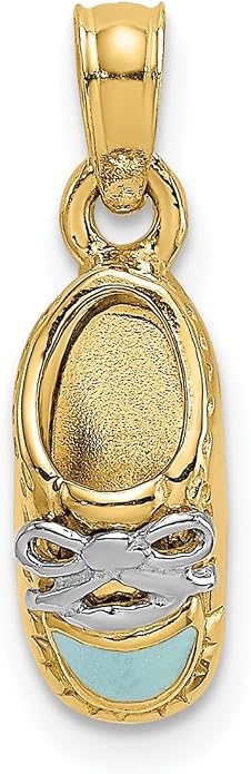 14k Yellow Gold Light Blue Enamel Shoe Charm, Two Tone Bow Pendant | light blue enamel, rhodium accents, polished 3D shoe, 14.5 mm length with bail