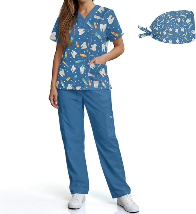 Gomyblomy Women's Scrubs Suit 3-Piece Set | Teeth Print V-Neck Top & Pants & Cap, Breathable and Stretch Fabric, S-5XL