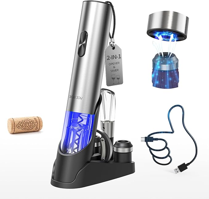 CIRCLE JOY Electric Wine Opener 7-in-1 Stainless Steel Rechargeable Electric Wine Bottle Opener Set with Automatic Vacuum Pump, Foil Cutter, Wine Pourer, 2 Vacuum Stoppers & Charging Station, Silver