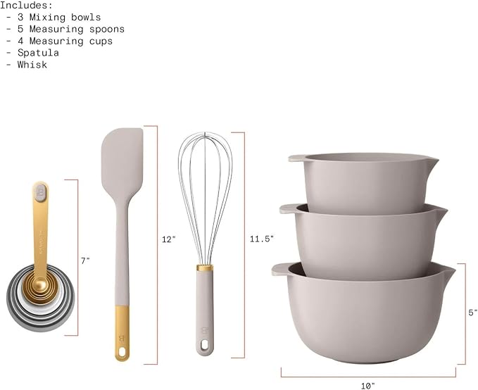 14 Piece Mixing Bowl and Measuring Set, Nesting Kitchen Prep Set with Measuring Cups Spoons Whisk Spatula, BPA Free Dishwasher Safe Baking Set (Porcini Taupe)