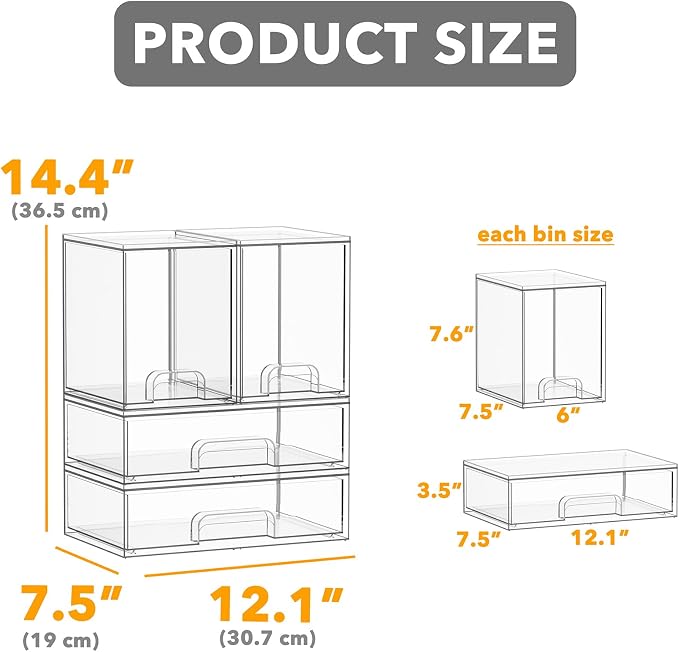 SpaceAid Bottle Storage Organizer Baby - Acrylic Bottles Station Organizer Container, Stackable Clear Drawers for Countertop, Vanity, Bathroom, Cabinet, Pantry Organization, 4 Pack, 2M2L, 14.4" H