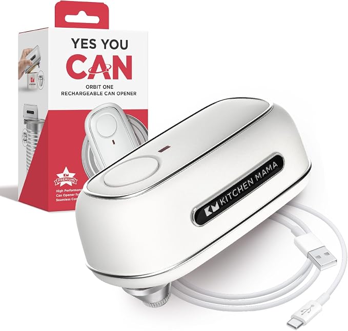 Kitchen Mama Orbit One Rechargeable Electric Can Opener, White | Hands-free, USB-C Charging, Automatic Stop, Smooth Edge, Storage Box