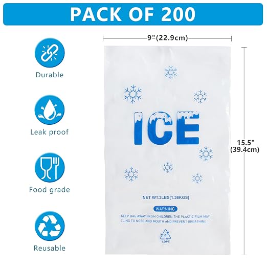 200 PACK 3 lb. Plastic Drawstring Ice Bags 9" x 15.5" Heavy-Duty | Plastic Ice Bags with Plastic Draw String (2mil Thickness)