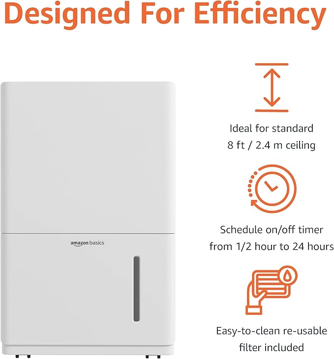 Amazon Basics 50-Pint Large Dehumidifier with Pump, Energy Star Certified, Humidity Control, Auto-Defrost, Timer, Overflow Protection for Rooms up to 4000 SFT, White
