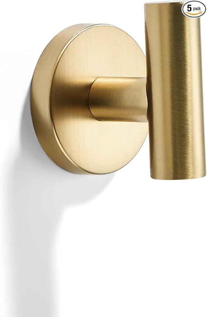 Wall Mounted Bathroom Towel Hooks for Hanging Clothes,Hat,5 Pack Champagne Brass Coat Hook Robe Hooks.Suitable for Hotels and bathrooms.