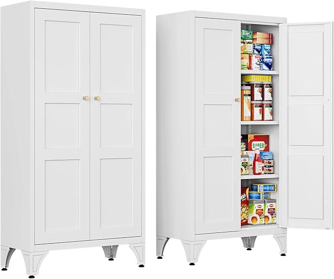 Metal Storage Cabinet with Doors and Shelves,47.3" H Bathroom Floor Kitchen Pantry Utility Cupboard Dining Home Office/Garage Organizers,White