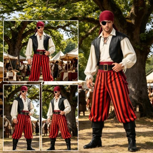 9pcs Adult Halloween Pirate Costume for Men with Accessories