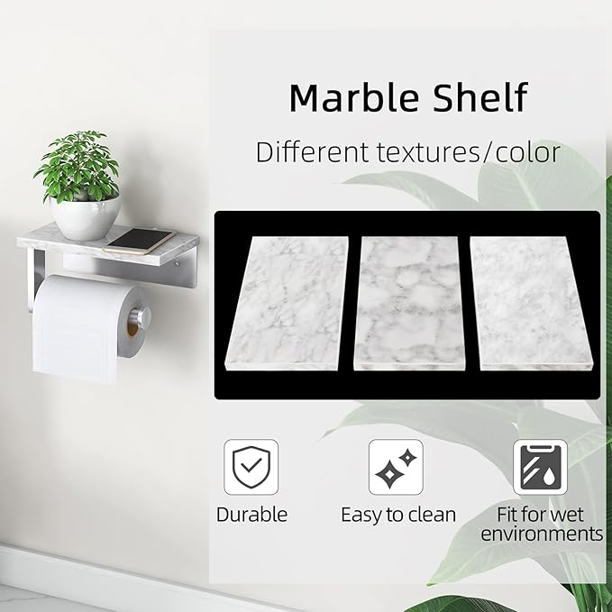 Gypie Brushed Nickel Toilet Paper Holder with Natural Marble Shelf, Screw Wall Mounted, Tissue Roll Holder for Bathroom Washroom