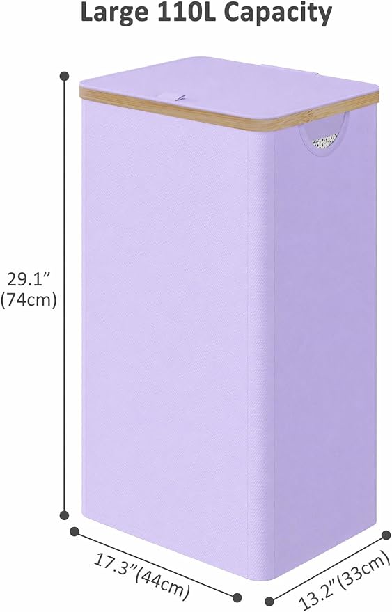 iEGrow Laundry Hamper with Lid, 110L Large Laundry Basket with Removable Bag, Clothes Basket Hamper with Bamboo Frame for Clothes Towels Organizer- Purple
