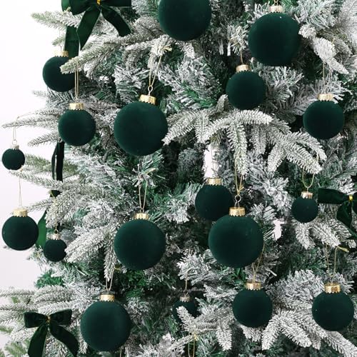 Dark Green Velvet Christmas Ball Ornaments-46pcs Flocked Tree Decorations