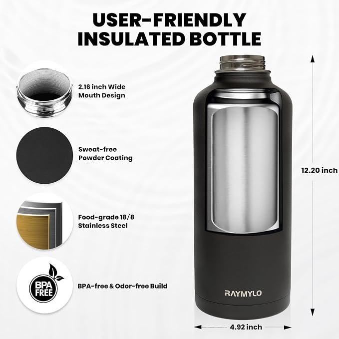 RAYMYLO Insulated Water Bottle 87 oz, Triple Wall Vacuum Stainless Steel (Cold for 48 Hrs), Leak Proof & Non-BPA, Modern Water Flask Jug with Paracord Handle & Straw Spout Lids, Magic Black
