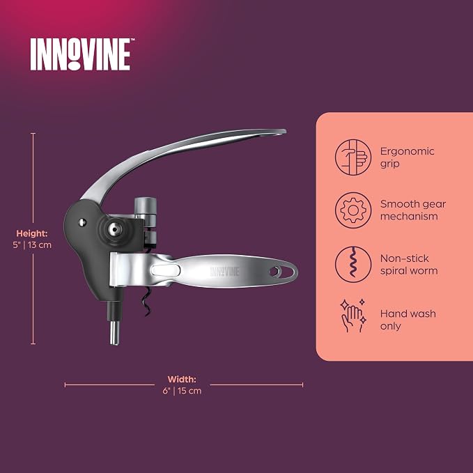 Innovine Horizontal Lever Corkscrew Wine Opener with Ergonomic Handle, Modern Design, Durable Die-Cast Zinc Construction for Home Bar, Kitchen, Outdoor Party, Housewarming Gifts, Travel, Set of 1